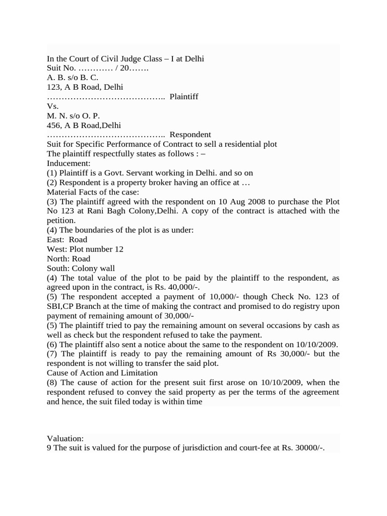 Delhi Suit for Specific Performance | PDF | Lawsuit | Private Law