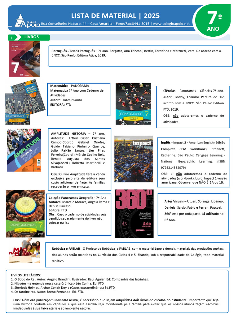 Lista de Material 7º Ano 2025 | PDF