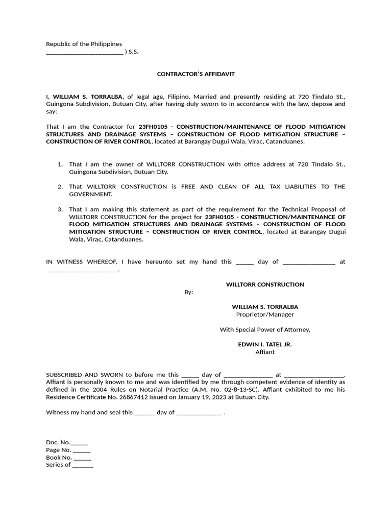 Contractor's Affidavit for Flood Mitigation | PDF