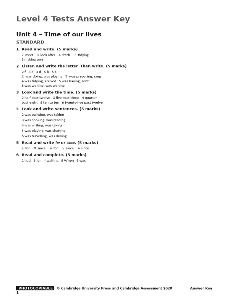Level 4 Tests Unit 4 Answer Key | PDF