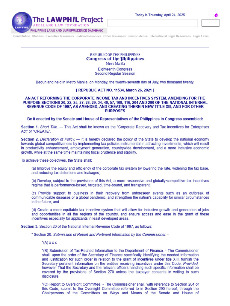 Republic Act No. 11534 CREATE | PDF | Tax Deduction | Capital Gains Tax