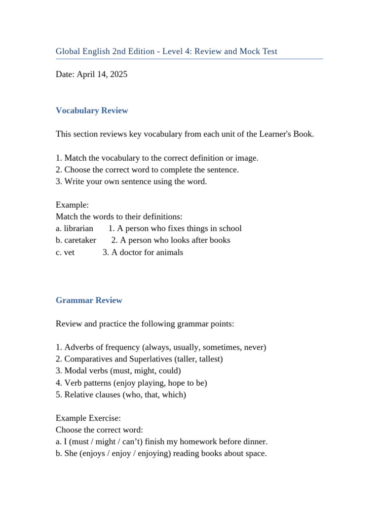 Global English Level 4 Review & Test Guide | PDF