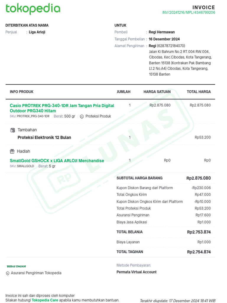 Invoice Pembelian Jam Tangan Casio PRG-340 | PDF