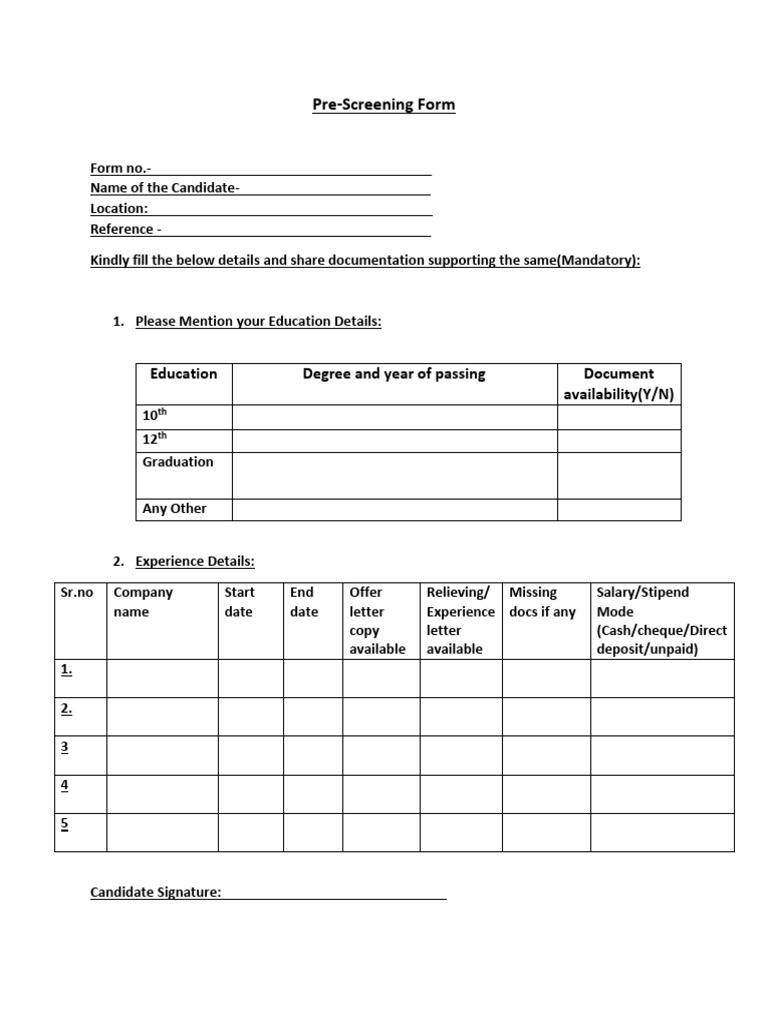 Candidate Pre-Screening Form Template | PDF