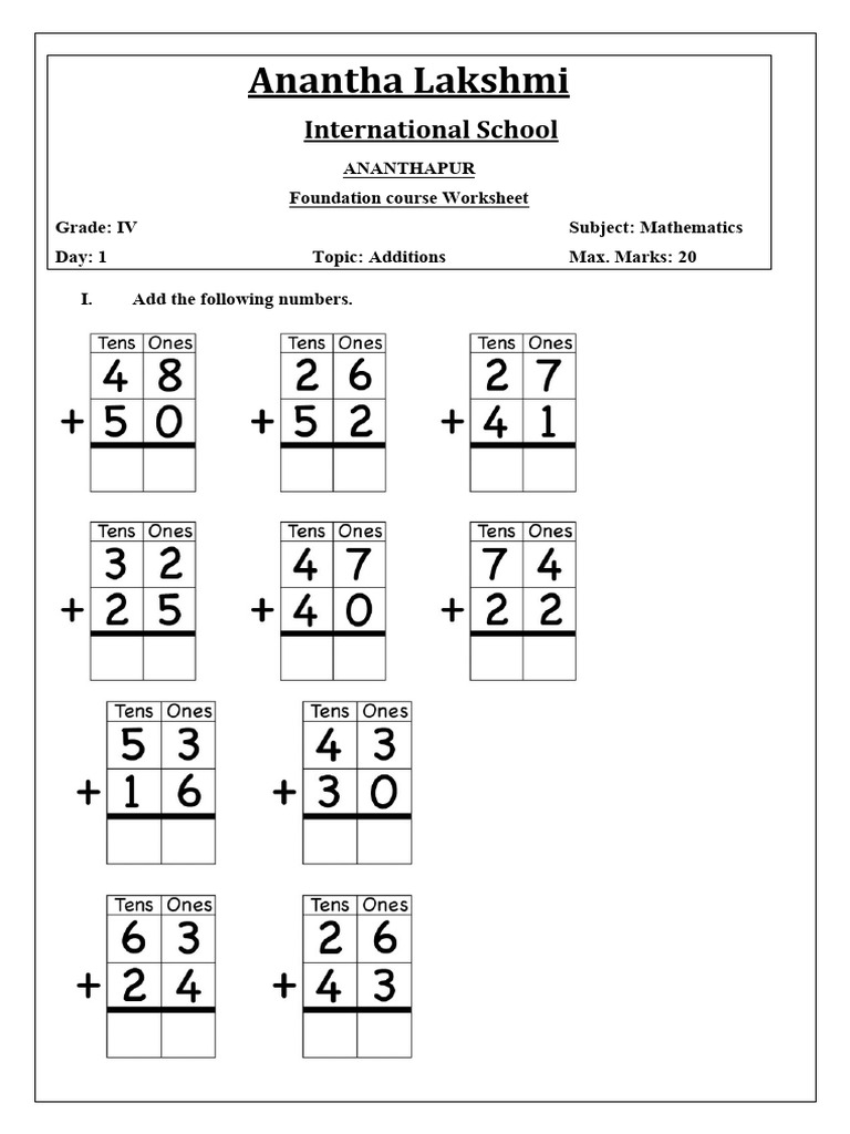 Grade IV Math Addition Worksheet | PDF