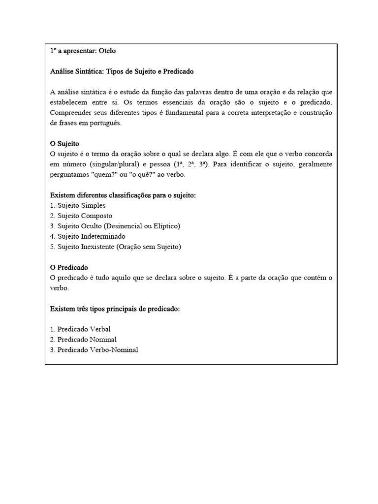 Tipos de Sujeito e Predicado em Português | PDF | Assunto (gramática ...