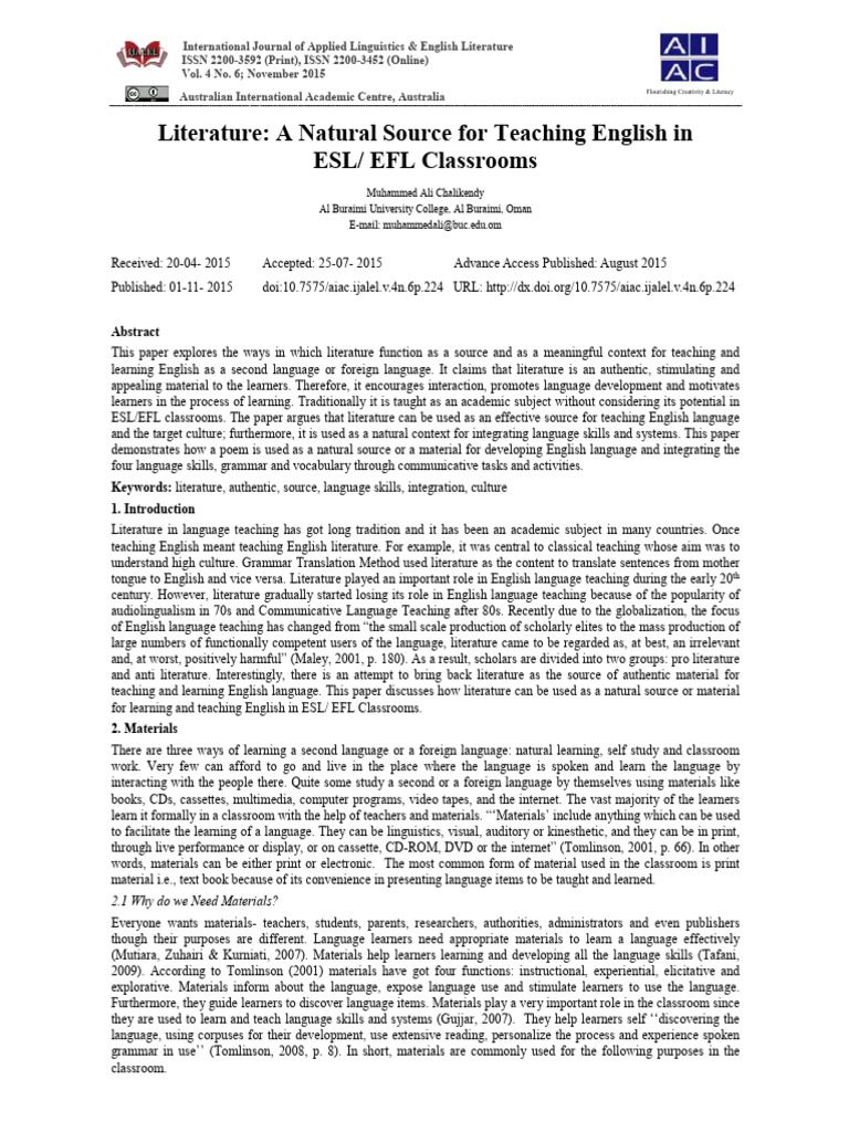 Literature in ESL/EFL Teaching | PDF | English As A Second Or Foreign ...