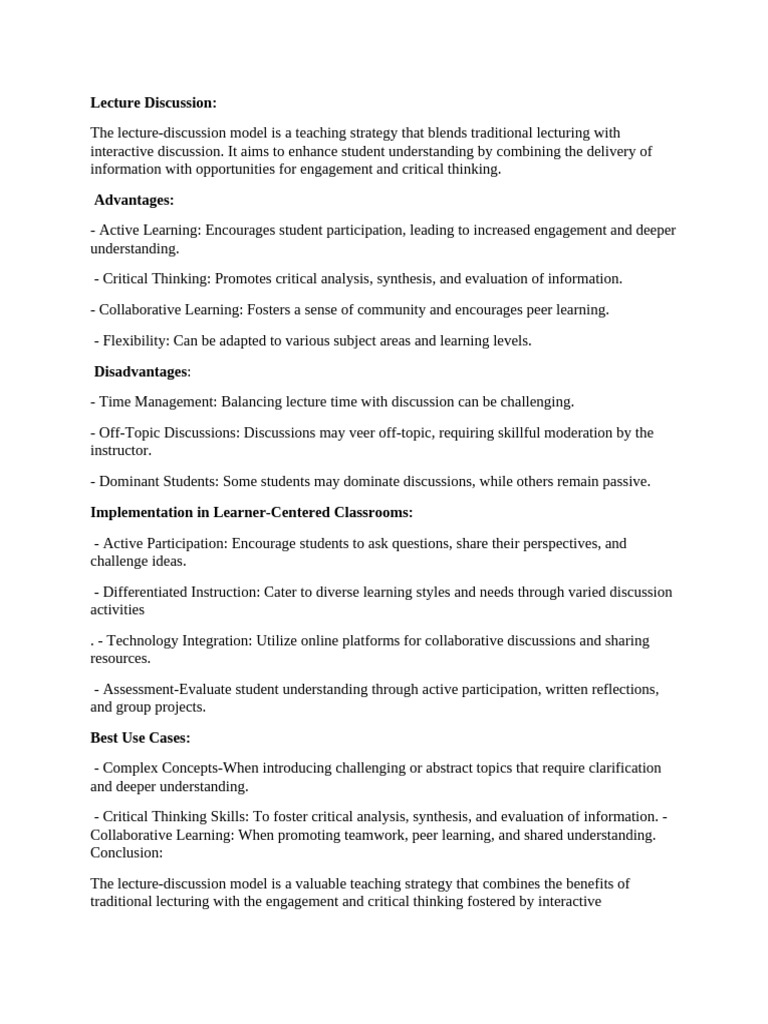 Lecture-Discussion Model in Education | PDF