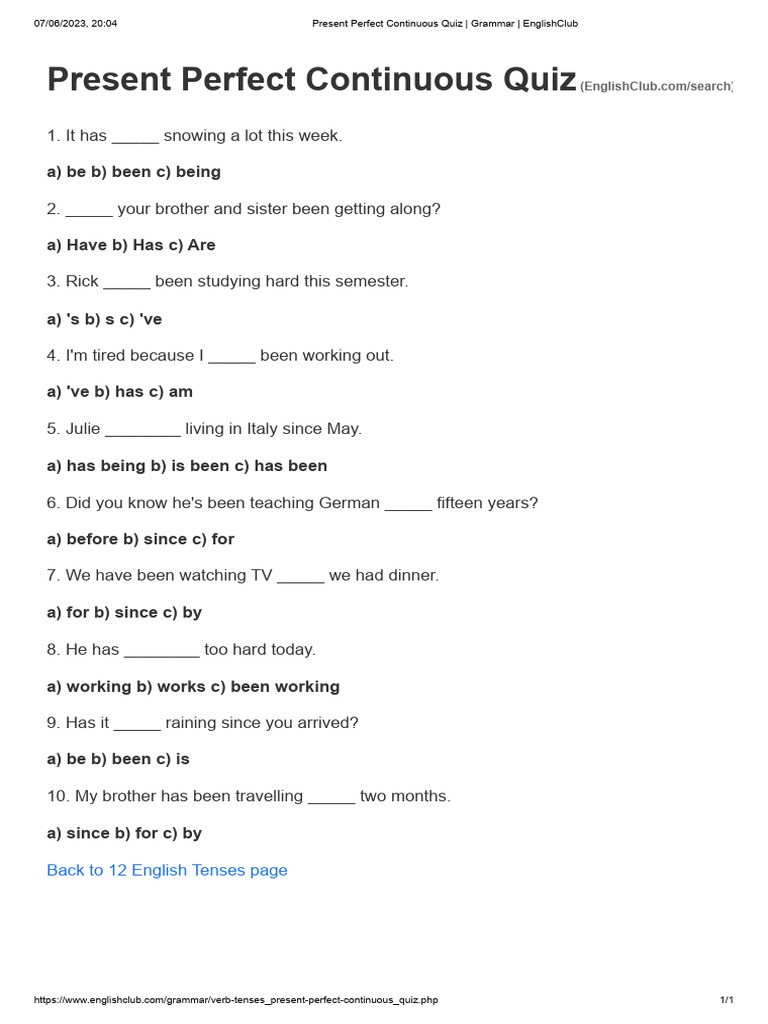 Present Perfect Continuous Quiz | PDF