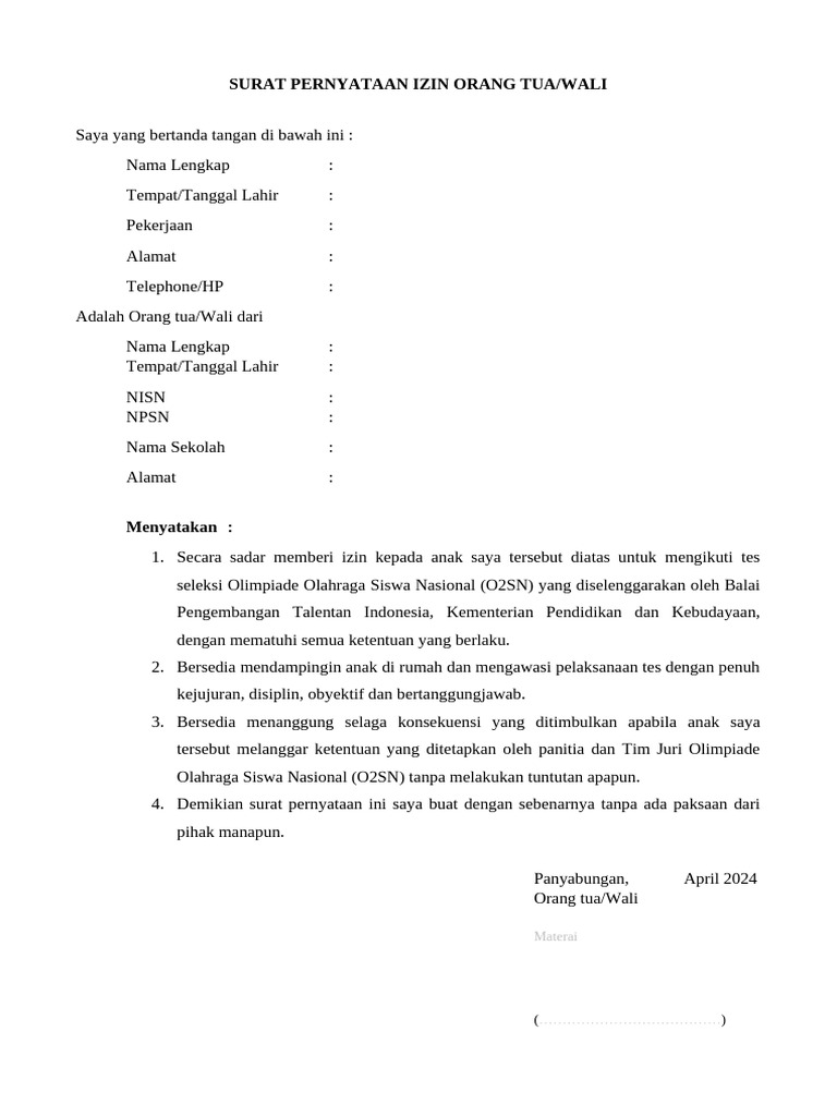 Surat Izin Orang Tua untuk O2SN | PDF