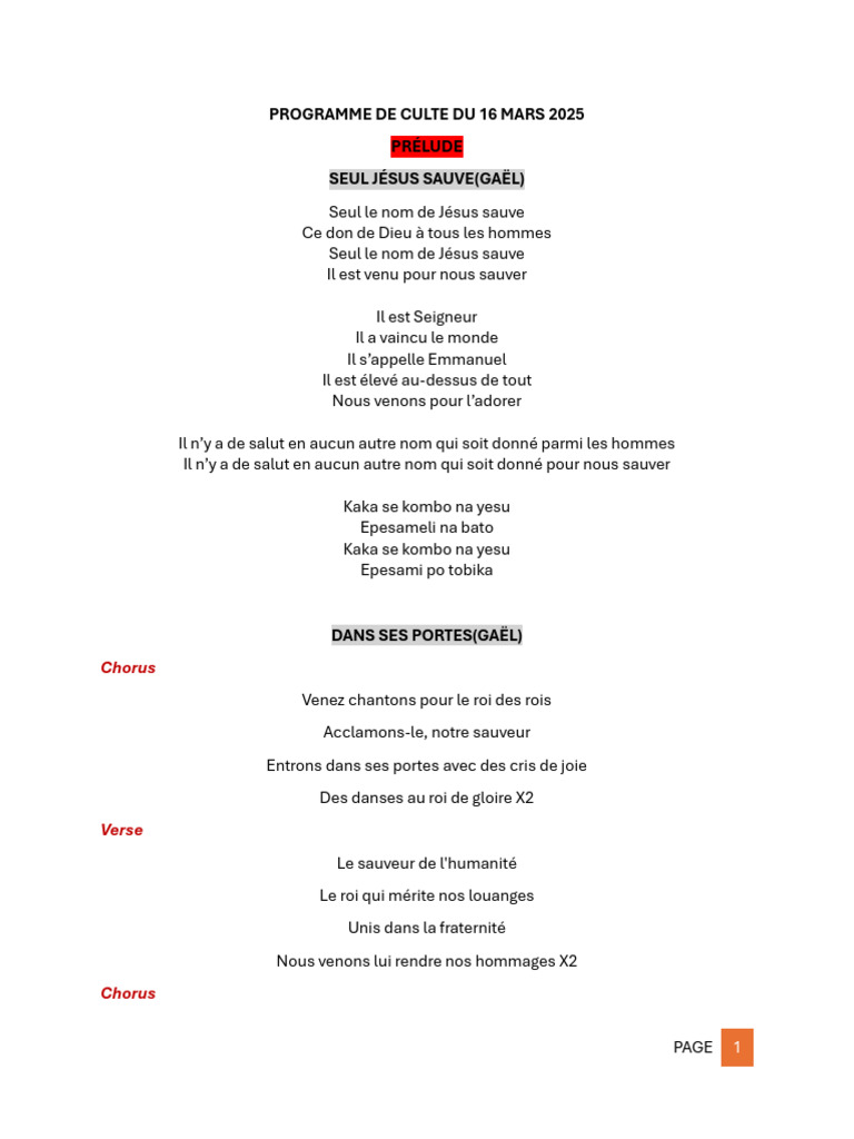 Programme de culte du 16 mars 2025 | PDF | Dieu | Doctrines et ...