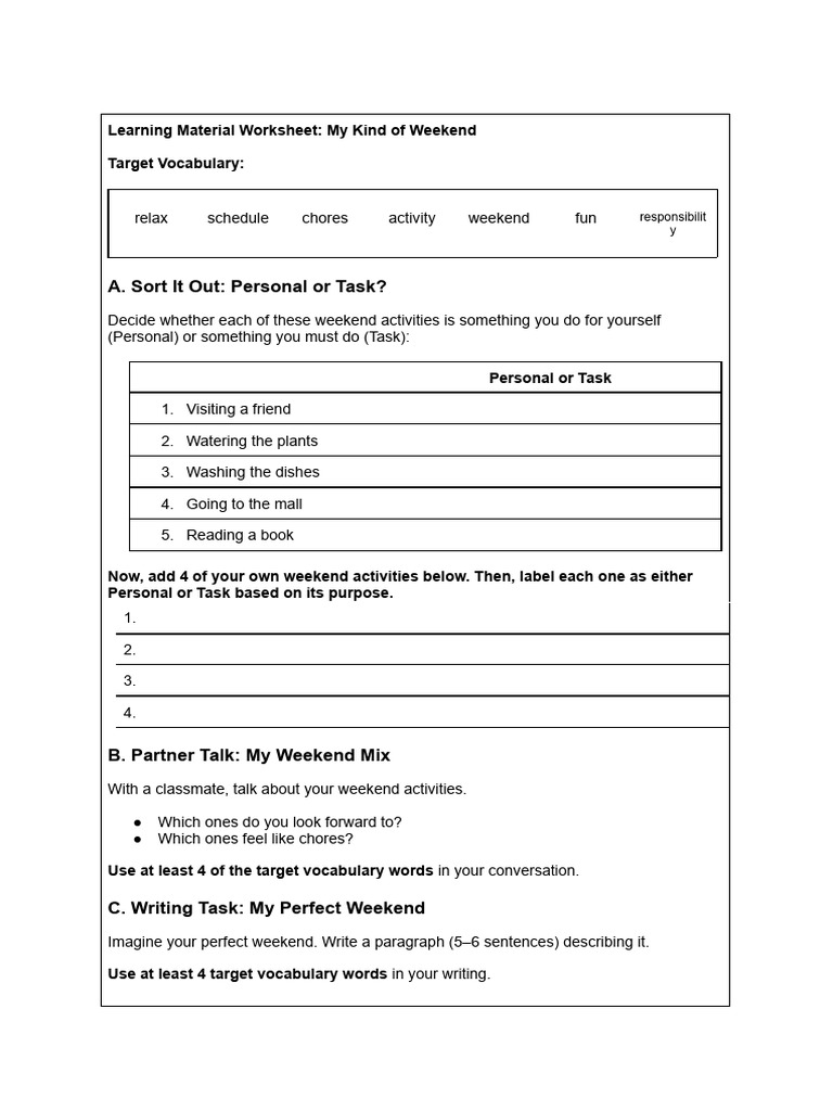 Weekend Activities Learning Worksheet | PDF