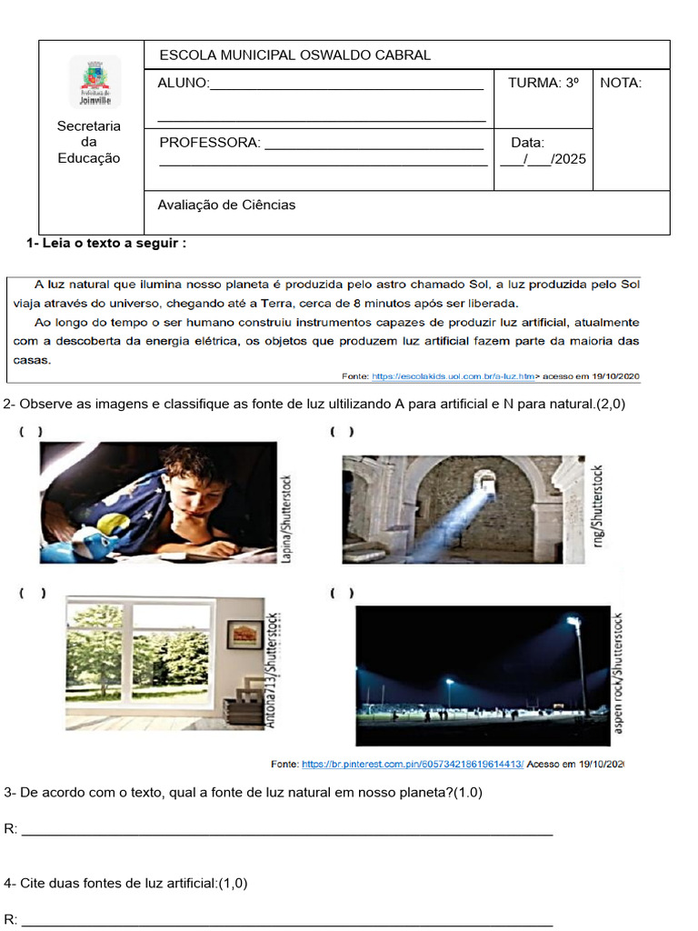 Atividades sobre Luz Natural e Artificial | PDF