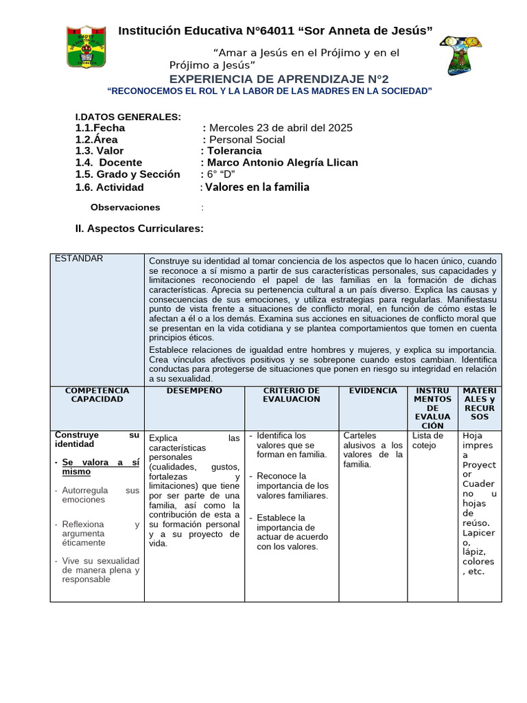SESION PS Valore de La Familia | PDF | Comportamiento | Moralidad
