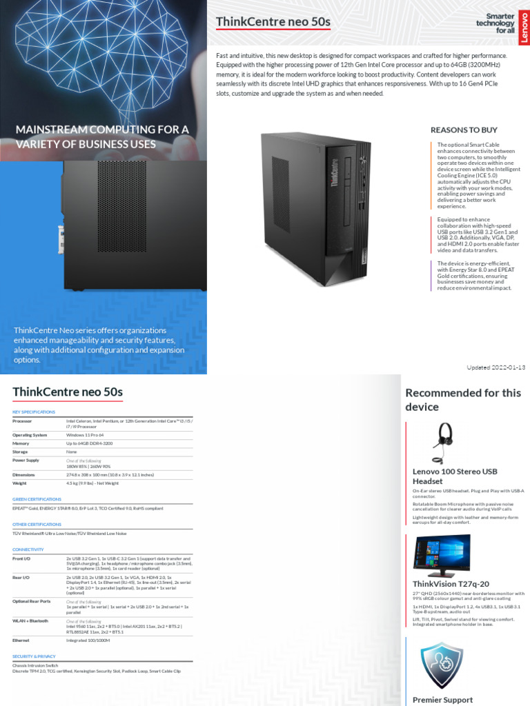 ThinkCentre Neo 50s Spec 2 | PDF | Usb | Computer Hardware