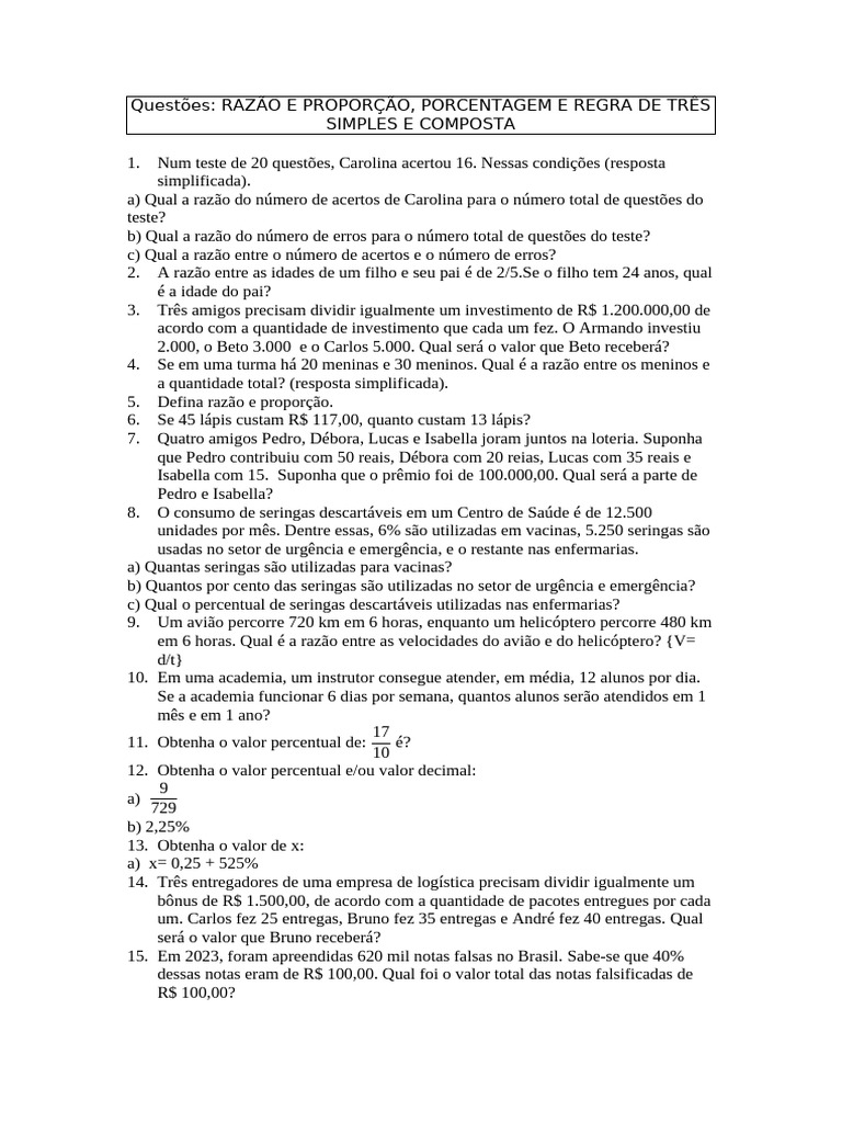Questões - RAZÃO E PROPORÇÃO, PORCENTAGEM E REGRA DE TRÊS SIMPLES E ...