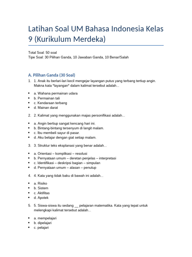 Soal UM Bahasa Indonesia Kelas 9 | PDF