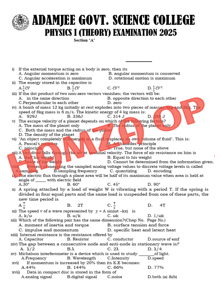 Physics I Exam 2025: MCQs & Short Answers | PDF | Momentum | Angular ...