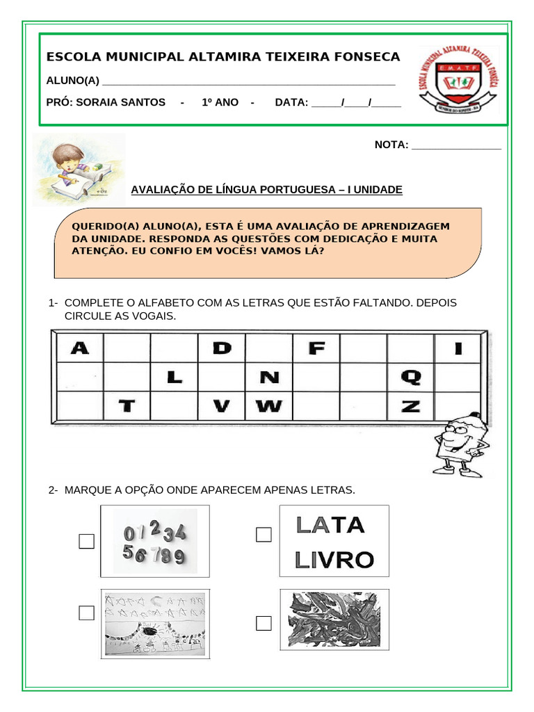 Avaliação de Língua Portuguesa 1º Ano | PDF