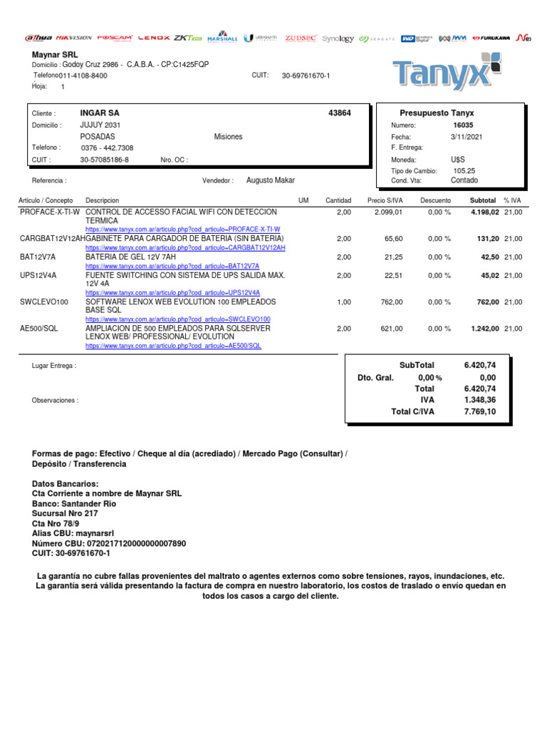 Presupuesto Maynar SRL - Tanyx 2021 | PDF | Economias | Dinero