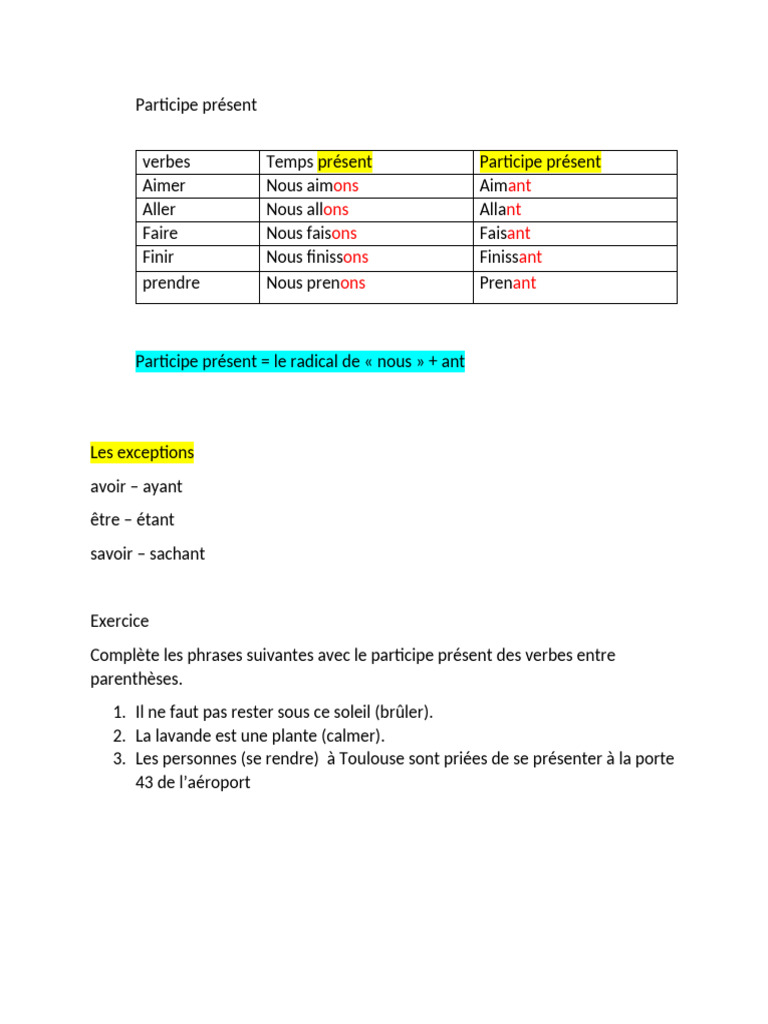 Exercices sur le participe présent | PDF