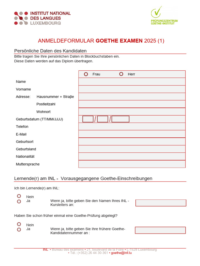 INLL - Fiche Inscription GOETHE - 2025 1 1 | PDF