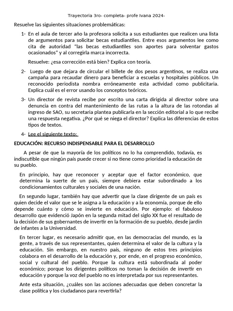 Actividades de Lengua para 3er Año 2024 | PDF