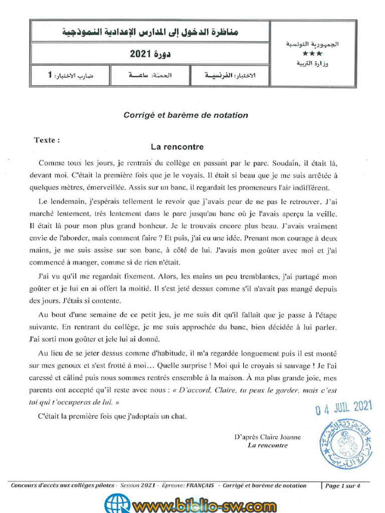 corrigé et barème de notation français 1 | PDF