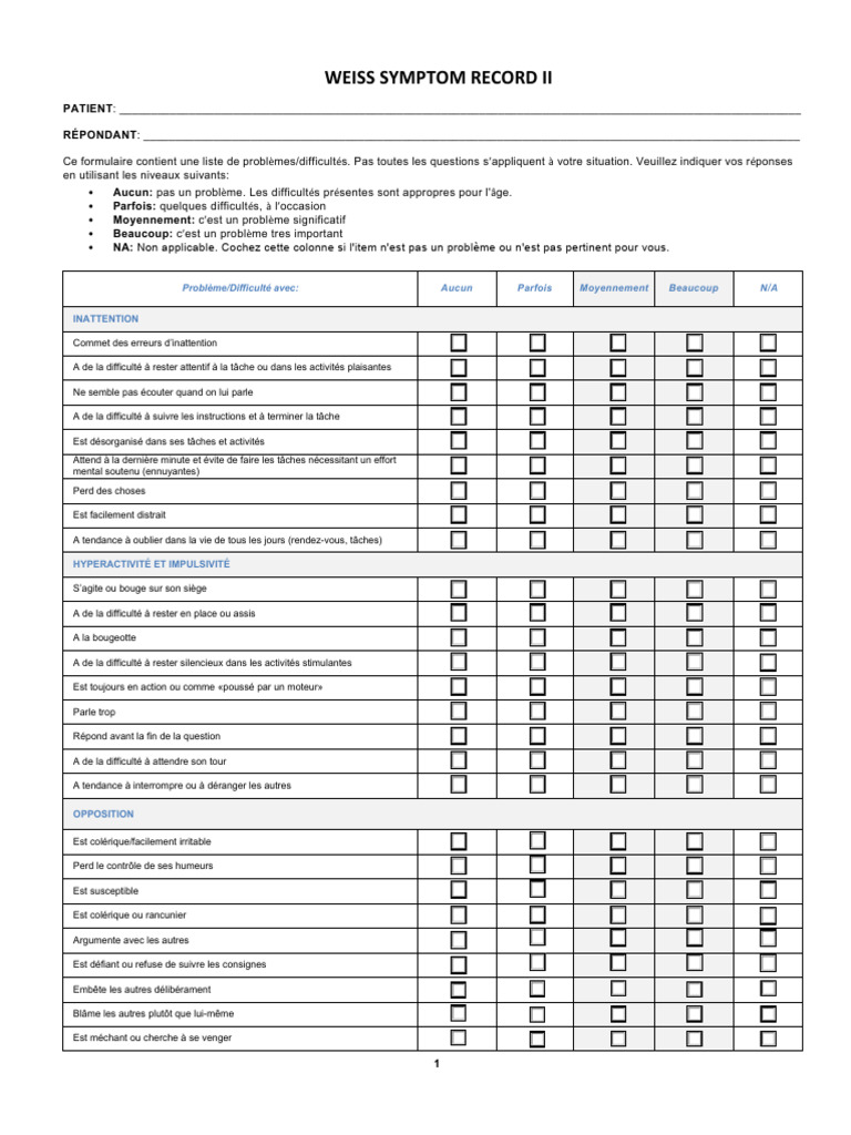 Weiss Symptom Record II Fillable Form - FRENCH | PDF | Anxiété | Sommeil