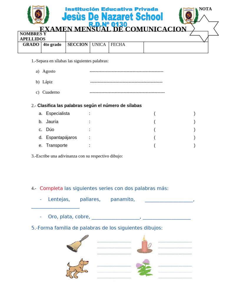 Examen Mensual de Comunicación 4to Grado | PDF