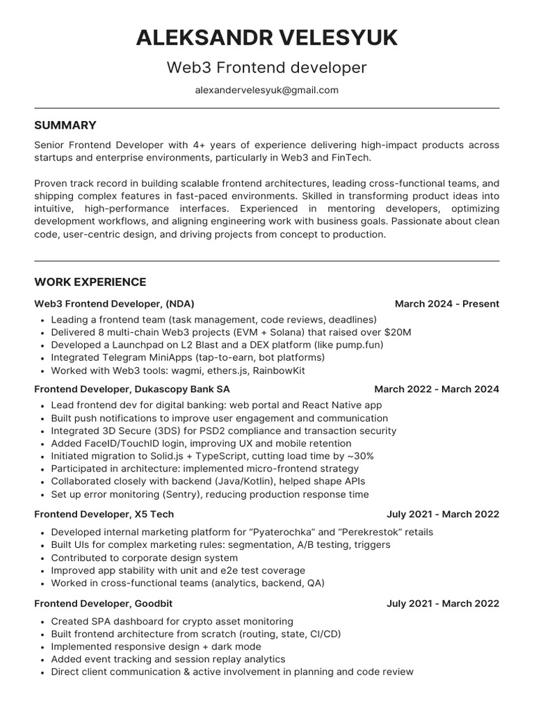 Senior Frontend Developer in Web3 & FinTech | PDF | Software ...