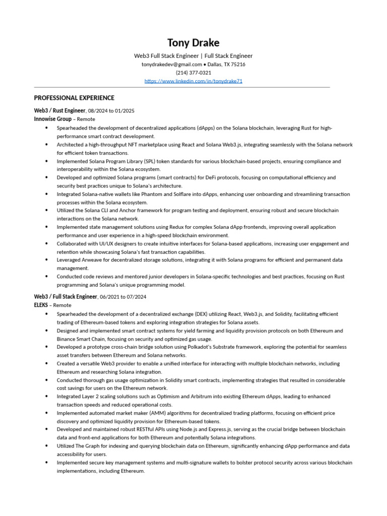 Tony Drake: Web3 Full Stack Engineer | PDF | Information Technology ...