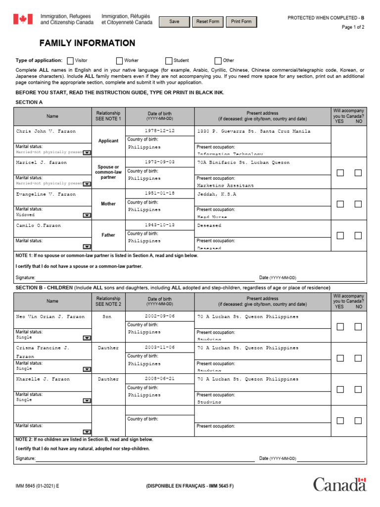 Family Information Form IMM 5645 | PDF