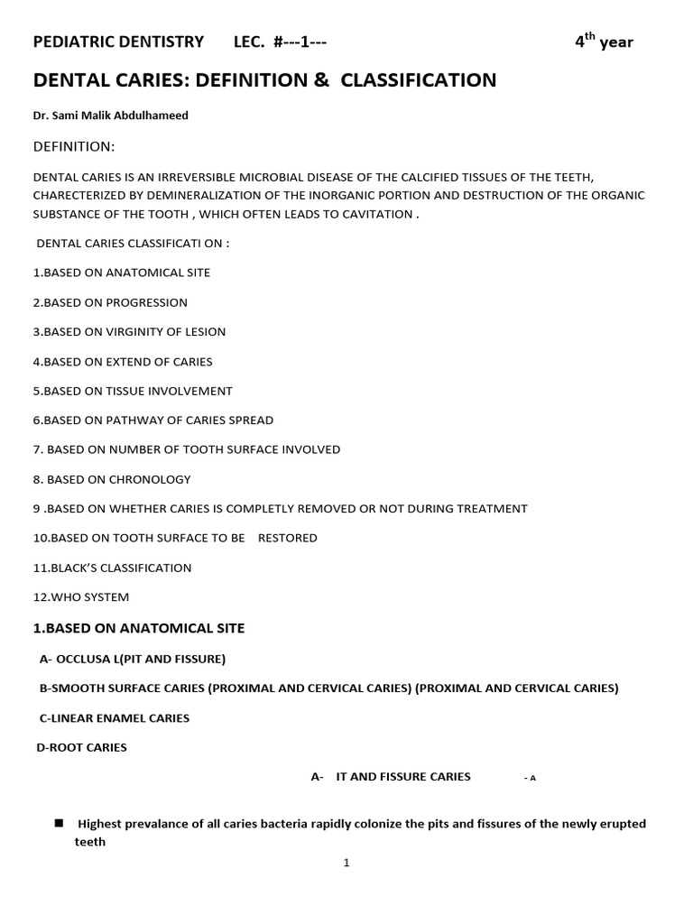 4th Year Dr. Sami - Dental Caries Definition and Classification | PDF ...