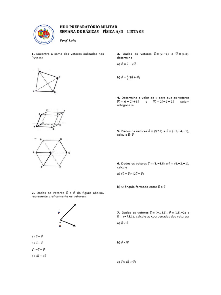 Básico de Vetores para Física - Lista 03 | PDF | Vetor euclidiano ...
