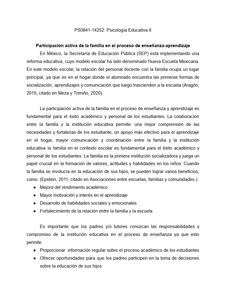 Participación Activa de La Familia en El Proceso de Enseñanza ...