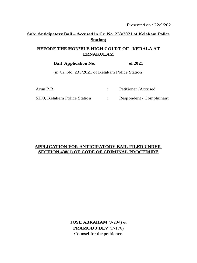 Anticipatory Bail Application in Kerala | PDF | Bail | Arrest