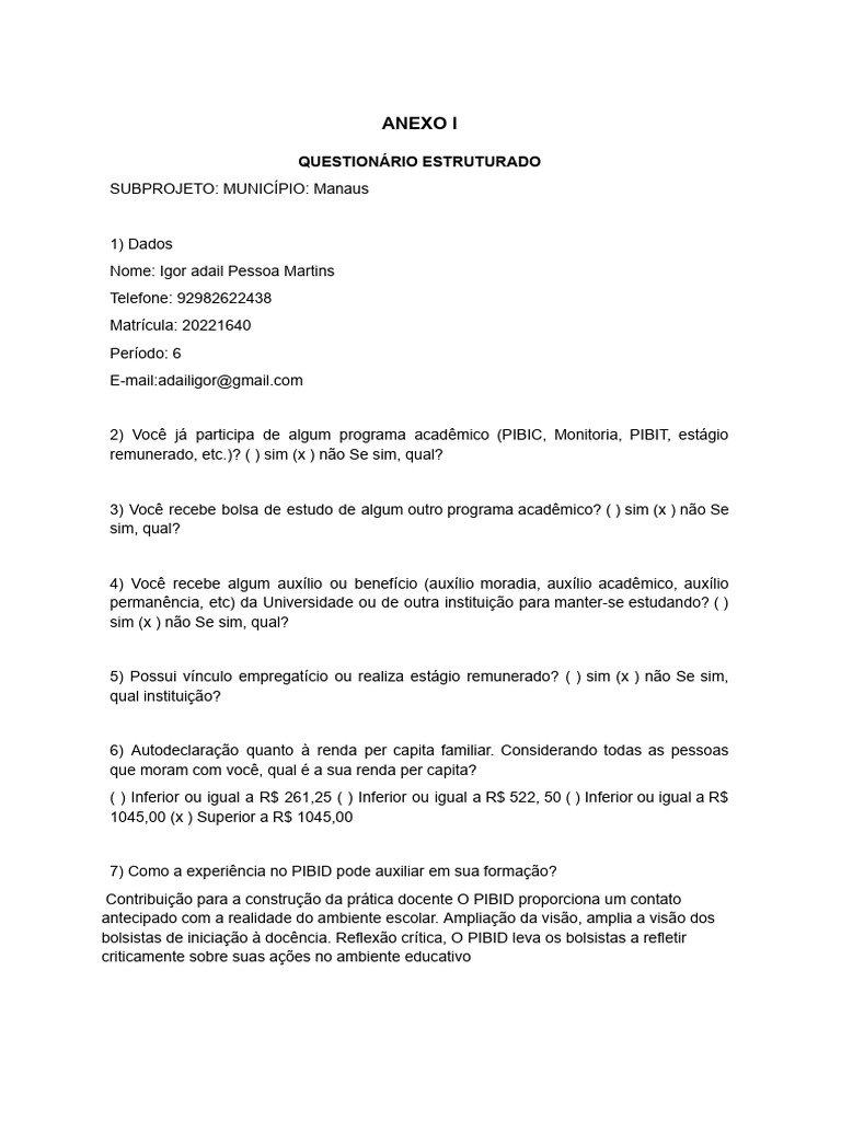Questionário Estruturado para PIBID | PDF