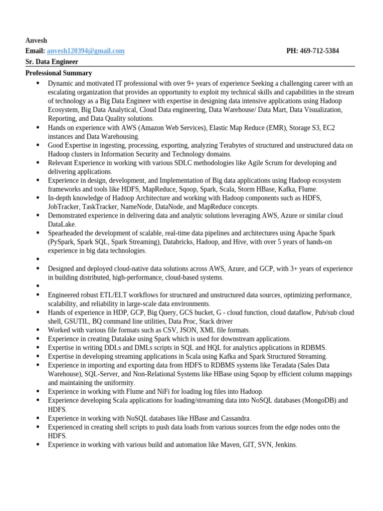 Senior Data Engineer Resume Overview | PDF | Apache Spark | Apache Hadoop