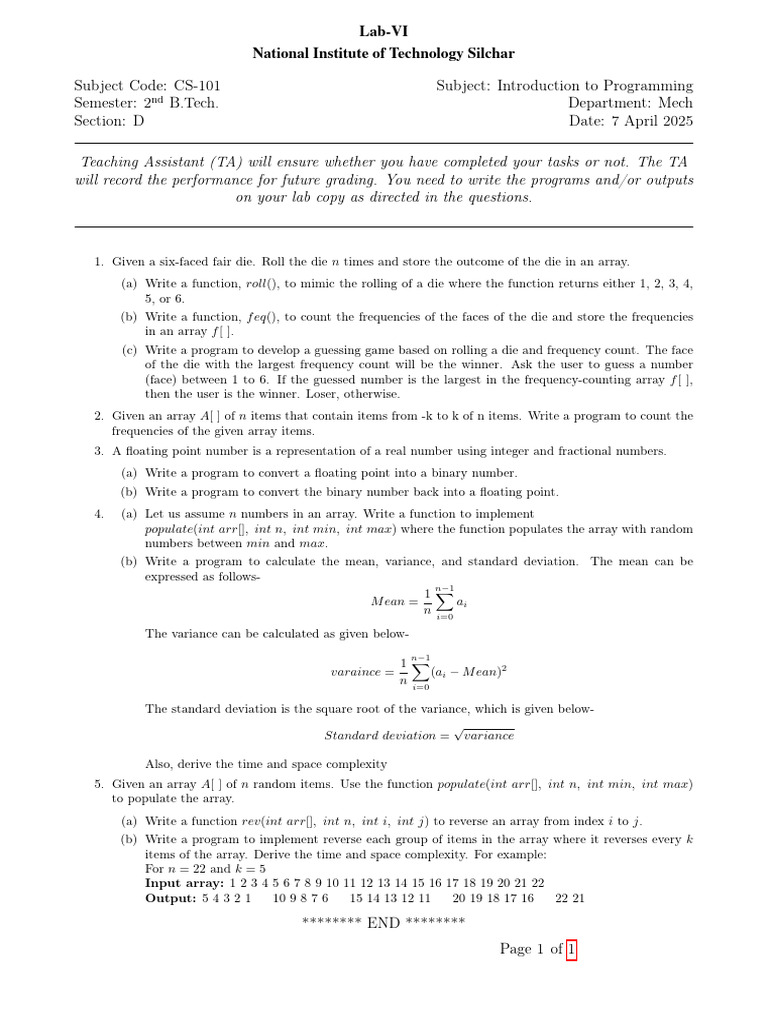 Lab VI: Programming Tasks for CS-101 | PDF | Variance | Mathematics