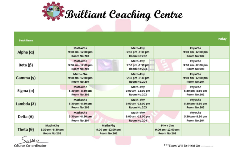 Brilliant Coaching Centre Class Schedule | PDF