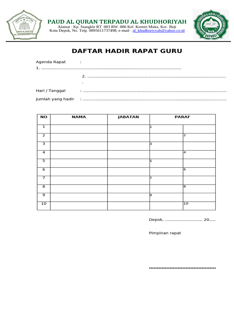 Daftar Hadir Rapat Guru Depok | PDF