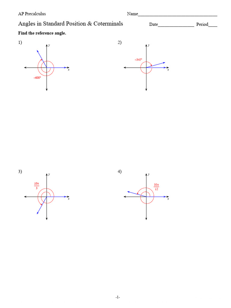 Precalculus Worksheet: Angles & Coterminals | PDF | Trigonometry | Angle