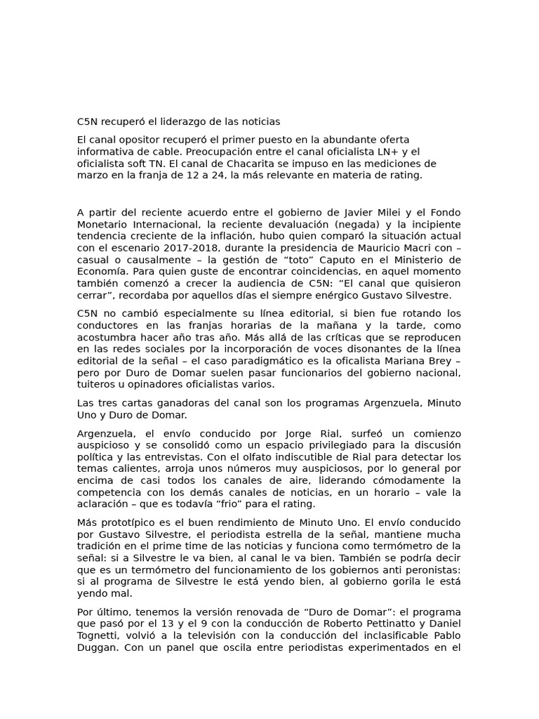 C5N lidera el rating de noticias en marzo | PDF | Argentina