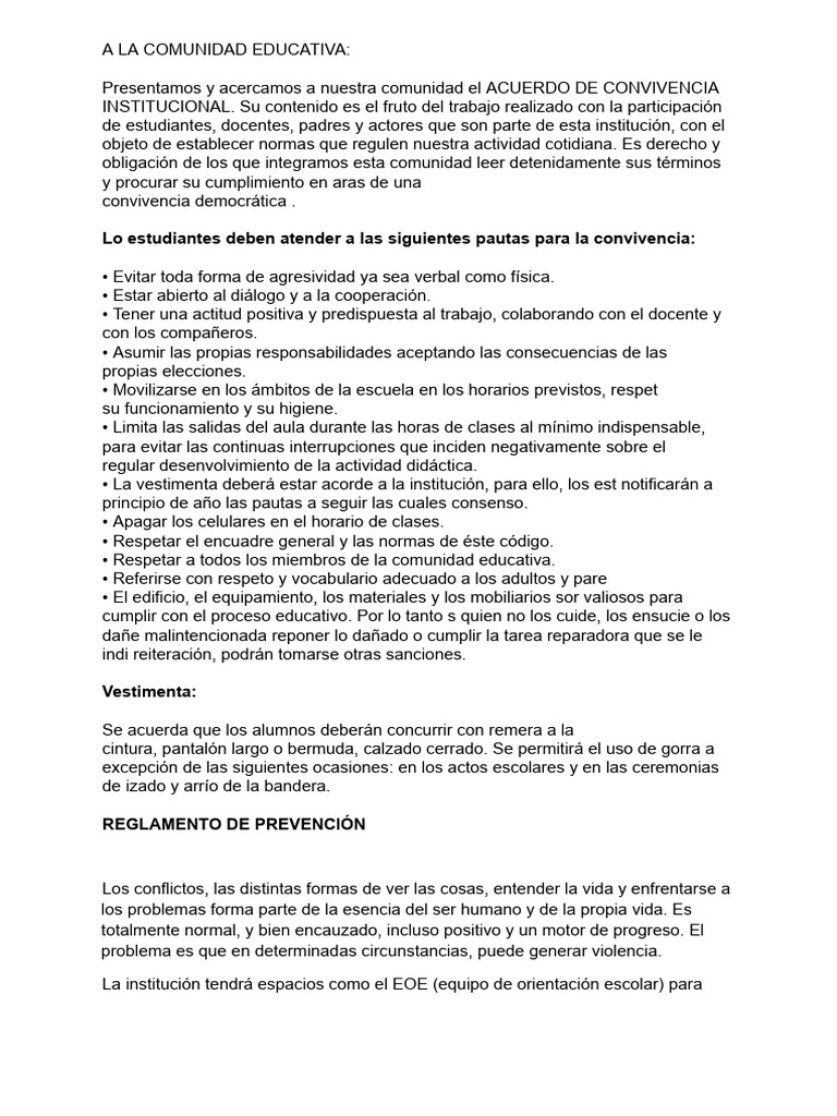 Acuerdo de Convivencia Escolar 2023 | PDF
