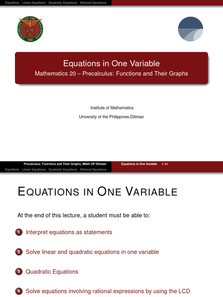 Understanding One Variable Equations | PDF | Equations | Quadratic Equation