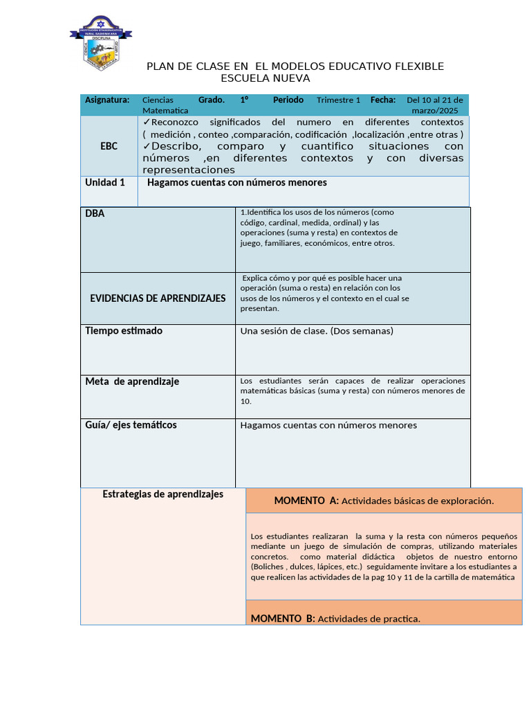 Plan de Clase: Matemáticas 1° Grado | PDF | Cognición | Aprendizaje
