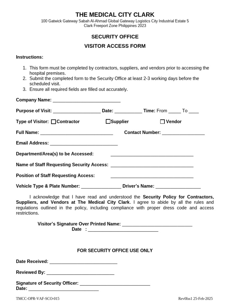 Visitor Access Form for The Medical City Clark | PDF