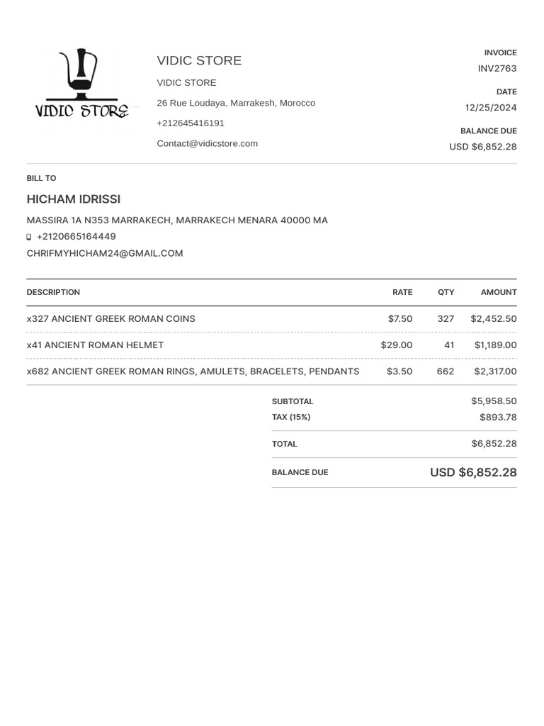 Invoice for Ancient Coins and Artifacts | PDF