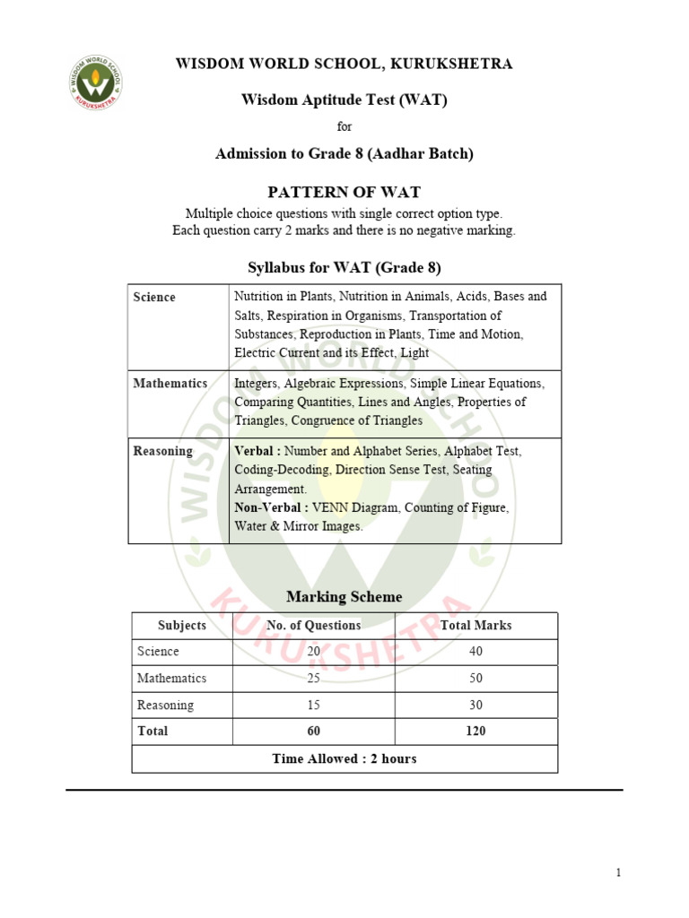 Wisdom Aptitude Test for Grade 8 Admission | PDF | Pressure | Mathematics